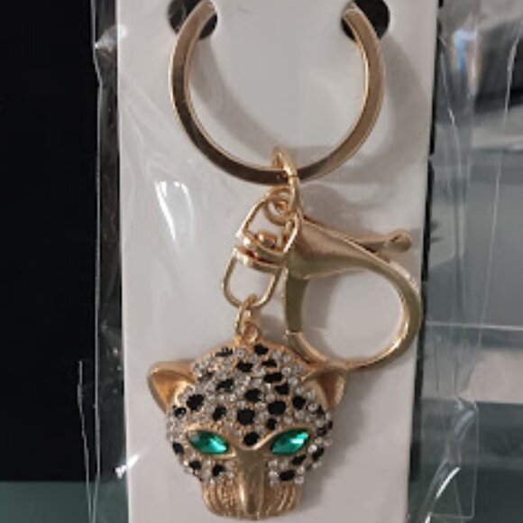 MINT Cheetah Gold Black Enamel Green & Clear Crystals Purse Charm Key Chain**NEW - Picture 2 of 7